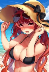 1girls adjusting_clothes adjusting_headwear alternate_costume azur_lane bangs beach bikini black_bikini black_ribbon blush breasts cleavage collarbone day eyewear_on_head female hair_ribbon hat hat_ribbon honolulu_(azur_lane) honolulu_(summer_accident?!)_(azur_lane) kurenai_hanpen large_breasts long_hair looking_at_viewer navel ocean outdoors red_eyes red_hair ribbon sand sidelocks solo starfish stomach straw_hat sunglasses swimsuit twintails upper_body