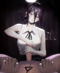 1boy 1girls 3d_(artwork) animated bare_arms bare_shoulders black_choker black_hair black_ribbon blush breasts chainsaw_man choker denji_(chainsaw_man) dominant_female green_eyes hair_between_eyes handjob looking_at_viewer moe_code neck_ribbon penis pov reze_(chainsaw_man) ribbon shirt sleeveless smile sound tagme video white_shirt