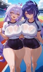 2girls acheron_(honkai:_star_rail) ai ai-created ai_art ai_generated black_swan_(honkai:_star_rail) bra breasts_on_breasts gym_clothes gym_uniform hair_ornament heart heart-shaped_pupils high_ponytail honkai:_star_rail honkai_(series) hourglass_figure hoyoverse large_ass large_breasts large_butt large_buttocks large_thighs long_hair looking_at_viewer mature_body mature_female mature_figure mature_woman running_track see-through_clothing see-through_shirt smile stadium_background wide_hips yuri