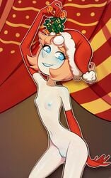 1girls arm_up blush cartoon_network christmas_hat looking_to_the_side mistletoe nipples nude pearl_(steven_universe) pussy small_breasts smokyholes solo steven_universe tagme