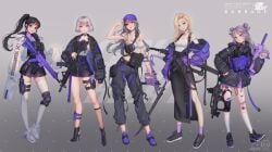 5girls absurdres arms_up assault_rifle bag belt black_footwear copy female female_only gun highres kriss_usa love_cacao magpul multiple_girls nike original rifle