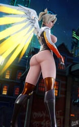 1girls 3d blonde_hair boots denisem exposed_ass exposed_breasts exposed_nipples highres mercy overwatch thighhighs