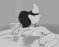 bath bathing bathtub big_breasts breasts choker collar dandy_demons grey_background hair_covering_eye hair_covering_one_eye hair_over_one_eye horn horns looking_at_viewer peculiart silvia_(peculiart) whine wine wine_glass