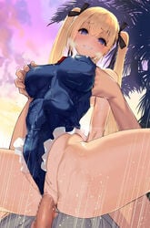 1boy 1girls alternate_breast_size big_breasts blonde_hair blue_eyes blue_swimsuit breasts censored dead_or_alive dead_or_alive_5 female female_ejaculation female_penetrated frilled_leotard frills grabbing_from_behind heart-shaped_pupils large_breasts leotard light-skinned_female long_hair marie_rose marie_rose_(devilish_servant_against_the_splashing_waves) mosaic_censoring one-piece_swimsuit petite pussy satou_daiji slim_waist solo swimsuit_aside teenage_girl teenager thick_thighs twintails variant