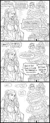 1boy 2girls absurd_res bb_(baalbuddy) black_and_white comic_strip consensual_bondage consensual_tentacles consentacles dialogue english_text female_knight funny humor knight mimic mimic_chest monochrome monster_girl shield speech_bubble tagme three_panels virginia_(baalbuddy) white_background