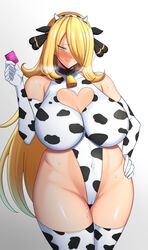 1girls 2021 alternate_breast_size armpit_crease belly_button blonde_hair blush breasts cameltoe choker cleavage cleavage_cutout cleavage_window condom cow_ears cow_horns cow_print cow_print_armwear cow_print_legwear cow_print_leotard cowbell cynthia_(pokemon) exposed_shoulders female female_focus female_only grey_eyes hair_ornament hair_over_one_eye hand_on_hip heart-shaped_cleavage_window highleg_leotard large_breasts leotard long_hair looking_at_viewer naughty_face nintendo pokemon pokemon_dppt shiny_skin simple_background solo solo_female sweat tanaken thick_thighs thigh_gap thighhighs thighs tight_leotard visible_breath wet_pussy white_background wide_hips