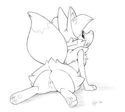 2016 3_toes ajin anthro anus arm_support ass biped black_and_white blush braixen canid canine digitigrade feet female genitals hi_res inner_ear_fluff looking_at_viewer looking_back lying mammal monochrome nintendo on_front on_ground open_mouth pawpads paws pokémon_(species) pokemon pokemon_(species) presenting presenting_hindquarters presenting_pussy pussy raised_tail rear_view simple_background sketch solo toes tuft video_games white_background