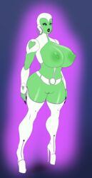 1girls android annon armwear aya_(green_lantern) belt bimbo breasts casual dc dc_comics dcau earrings eyeshadow female green_lantern:_the_animated_series green_lantern_(series) green_skin heart high_heels hoop_earrings huge_breasts legwear lipstick long_fingernails looking_at_viewer makeup nail_polish nipples pussy robot robot_girl solo thick_thighs voluptuous wide_hips