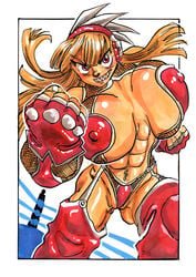 2019 abs bengus_stratovarious big_breasts color fingerless_gloves genkai_toppa_wrestling! goudadunn headphones highres muscular muscular_female nipple_bulge orange_hair pinup sharp_teeth solo tomboy traditional_media_(artwork) watercolor_(artwork) wrestling_ring