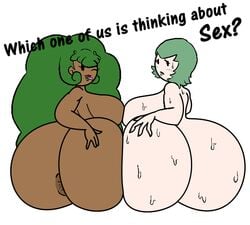 2girls anonymous_artist anus ass big_ass dark_skin dialogue female female_only green_hair multiple_girls presenting presenting_hindquarters stop_thinking_about_sex sweat sweatdrop sweaty tagme