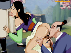 1girls 2boys anilingus asian black_hair blowjob cartoonvalley.com cherry_blossoms clothed_male_nude_female cum cum_in_mouth cum_on_ass deep_blowjob disney disney_princess fa_mulan fa_zhou father_and_daughter fellatio helg husband_and_wife incest li_shang licking_ass licking_pussy mulan older_male oral petite