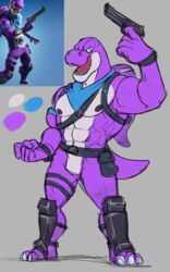 abs anthro anthrofied bronto_(fortnite) dinosaur fortnite gay looking_at_viewer male male_only muscular nipples pecs scalie solo thetorajay video_games