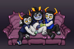 1boy 2girls absurd_res anal anus binding biting_lip black_hair black_legwear black_lips black_nipples blush bondage bound clothing couch fangs female genital_slit genitals gloves grey_skin group group_sex hi_res hiveswap homestuck horns long_hair male male/female masturbation minmiki ms_paint_adventures nipple_clamps nipples original_character pillow precum sex sex_toy sharp_teeth slit tentabulge threesome toy troll vibrator webcomic webcomic_character xeno yellow_eyes