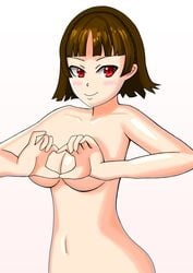 1girls atlus boob_heart breasts brown_hair covered_nipples female half_naked half_nude hand_heart heart_hands makoto_niijima persona persona_5 red_eyes short_hair solo white_background white_skin ぺぺり