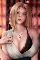 1girls axlone bare_shoulders big_breasts black_bra blonde_hair blush bra breasts brown_eyes cleavage clothed clothing female female_focus female_only forehead_jewel forehead_mark fully_clothed lips lipstick looking_at_viewer makeup mascara nail_polish naruto naruto_(series) naruto_shippuden necklace pale-skinned_female pale_skin pink_lips pink_lipstick pink_nail_polish pink_nails pinup shounen_jump sleeveless sleeveless_shirt solo solo_female solo_focus tsunade undressing voluptuous