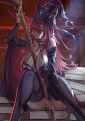 1girls aloe_(pride_of_eden) bare_shoulders blurry blush book book_stack cleavage club3 crescent detached_sleeves female hair_ornament hat highres large_breasts long_hair long_sleeves looking_at_viewer nanaya_(daaijianglin) pink_eyes pink_hair red:_pride_of_eden seductive_smile sitting smile solo staff thighhighs witch witch_hat