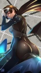 1girls atlus big_butt bodysuit brown_hair bubble_butt butt clothed clothing dat_ass female gentle_sasaki human johanna_(persona) lipstick makoto_niijima motorcycle motorcycle_suit on_motorcycle pale_skin persona persona_(species) persona_5 phantom_thief_suit red_eyes short_hair sideboob solo straddling vehicle white_skin