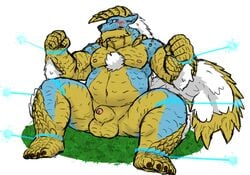 2021 anthro balls belly blue_body blush bound capcom fanged_wyvern flaccid genitals hi_res humanoid_hands kemono male monster_hunter moobs nipples overweight overweight_anthro overweight_male penis reddo12340 scalie sitting solo video_games zinogre