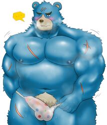 2020 animal_crossing anthro blue_body blue_fur blush bulge clothed clothing erection erection_under_clothing fur groucho_(animal_crossing) hi_res kemono male mammal moobs navel nintendo nipples overweight overweight_anthro overweight_male peekeroro scar simple_background solo underwear ursid video_games white_background