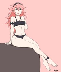 1girls bare_legs bare_midriff bare_shoulders barefoot fire_emblem fire_emblem_fates long_hair looking_at_viewer nintendo open_mouth open_smile orange_eyes pink_eyes pink_hair sitting skikuro small_breasts soleil_(fire_emblem) solo solo_female