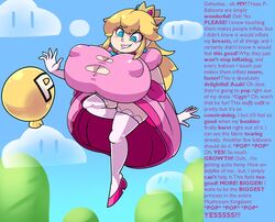 alternate_breast_size blonde_hair blue_eyes breast_expansion breast_inflation caption coolcaps crown dress earrings eyebrows_visible_through_hair fully_clothed horny huge_breasts lipstick long_hair mario_(series) mind_break nintendo nipple_bulge p-balloon princess princess_peach sequence super_mario_world text text_focus thighhighs torn_clothes torn_clothing transformation