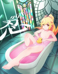 1girls bakemonogatari bangs barefoot bath bathroom bathtub blonde_hair blush_stickers body_blush collarbone doughnut fangs feet female flat_chest food gesugesu_ahoaho grin legs light-skinned_female long_hair looking_at_viewer monogatari_(series) naked no_nipples nude oshino_shinobu pointy_ears ponytail rubber_duck shoulders small_breasts smile smiling smiling_at_viewer solo thick_thighs thighs toes vampire water yellow_eyes young