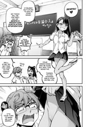 1boy 1girls blush clothed clothing comic comic_page doujinshi english_text ghettoyouth glasses going_commando hayase_nagatoro looking_at_pussy male monochrome naoto_hachioji_(senpai) open_mouth please_don't_bully_me,_nagatoro pussy pussy_awe size_talk small_breasts text uncensored