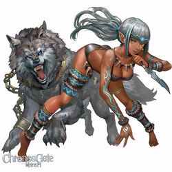 1girls ass barefoot bent_over bikini blue_eyes breasts brown_skin chronos_gate circlet cleavage collarbone danann dark-skinned_female dark_elf dark_skin elf feet female female_focus fingernails high_ponytail jewelry knife leg_warmers long_hair looking_at_viewer medium_breasts necklace official_art original painted_nails piercings pointy_ears ponytail revealing_clothes silver_hair solo_focus spread_legs tattoo thighlet toes tribal wolf yellow_eyes