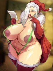 1girls absurd_res areolae bikini body_writing breasts busty christmas curvy donaught female female_only hi_res huge_breasts looking_at_viewer mature mature_female milf mrs._claus nipples nude nude_female pubic_tattoo sling_bikini solo swimsuit tattoo thick_thighs thighhighs venus_body voluptuous wide_hips