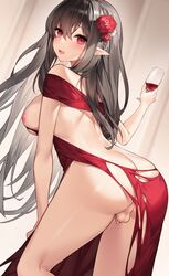 anonfutashopper_(editor) artist_request big_ass big_breasts brown_hair dark_hair flower_in_hair futa_only futa_sans_pussy futanari long_hair pointy_ears puffy_nipples red_eyes ripped_clothing small_penis tagme torn_dress wine