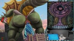 2021 30_st_mary_axe absurd_res anal anthro anus bodily_fluids building_insertion chikyuu_kougeki_meirei:_gojira_tai_gaigan_(1972) drooling duo female genital_fluids genitals gigan godzilla_(series) hi_res human kaiju landmark lokidragon87 london mad_scientist mammal pussy pussy_juice saliva spread_anus spreading toho