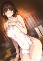 bangs blue_eyes blunt_bangs blush breasts brown_hair collarbone female indoors large_breasts looking_at_viewer naked_towel nijisanji nude sauna serizawa_(serizawaroom) short_hair sitting solo steam suzuka_utako sweat thighs towel virtual_youtuber