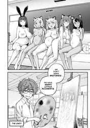 1boy 5girls big_breasts blush bob_ross breasts cleavage clothed clothing comic comic_page doujinshi english_text female gamo-chan ghettoyouth harem hayase_nagatoro hi_res humor long_hair male medium_breasts medium_hair meme monochrome multiple_girls multiple_pregnancies naoto_hachioji_(senpai) nipples nude please_don't_bully_me,_nagatoro pregnant president_(nagatoro) quintuple_pregnancy reference sakura_(nagatoro) sana_sunomiya short_hair small_breasts smile tan tanline tanned tanned_skin text yoshi_(nagatoro)