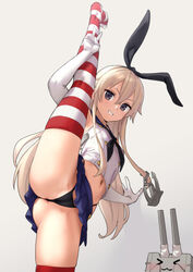 1girls against_wall anus anus_peek ass breasts female female_only hair kantai_collection kawakami_rokkaku long_hair panties partially_visible_anus shimakaze_(kantai_collection) skirt small_breasts solo spread_legs standing_on_one_leg thighhighs v