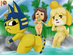 3girls 4:3 animal_crossing animal_crossing_girl ankha anthro anus ass breasts canid canine canis cellphone domestic_cat domestic_dog fan_character felid feline felis female fur furry group hi_res hot_spring human isabelle_(animal_crossing) mammal moon_pearl naked nintendo nipples nude outside phone presenting presenting_hindquarters pussy smartphone succubi_samus tail taking_picture video_games villager_(animal_crossing) water