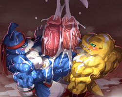 2boys 5:4 agumon anthro bandai_namco big_penis blush bodily_fluids canid canine covered_in_cum cum cum_drip cum_on_body cum_on_face cum_on_penis cum_on_upper_body cumshot digimon digimon_(species) dinosaur duo excessive_cum frottage gaomon gay genital_fluids genitals huge_cock hyper hyper_genitalia hyper_penis kuroma looking_at_viewer looking_back male male/male male_only mammal muscular muscular_anthro muscular_male open_mouth penis reptile scalie sex simple_background vein veiny_penis yaoi