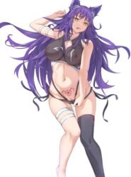 :p aaaashes absurdres animal_ear_fluff animal_ears breasts cum cum_on_body cum_on_breasts female heart heart-shaped_pupils highres large_breasts long_hair makoto_(princess_connect!) navel princess_connect! princess_connect!_re:dive pubic_tattoo purple_hair solo symbol-shaped_pupils tattoo tongue tongue_out very_long_hair yellow_eyes