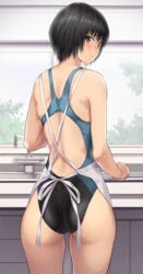 amagami apron ass black_eyes black_hair black_swimsuit bob_cut commentary_request competition_swimsuit cowboy_shot faucet female from_behind looking_at_viewer looking_back nanasaki_ai one-piece_swimsuit one_eye_closed serizawa_(serizawaroom) short_hair solo swimsuit white_apron window