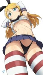 :c armpits arms_up black_panties blonde_hair blue_eyes blush breasts commentary_request cosplay cowboy_shot crotch elbow_gloves female foreshortening from_below gloves hair_ribbon highleg highleg_panties kantai_collection kousaka_kirino long_hair looking_at_viewer midriff miniskirt navel no_bra ore_no_imouto_ga_konna_ni_kawaii_wake_ga_nai panties pleated_skirt ribbon school_uniform serafuku shift_(waage) shimakaze_(kantai_collection)_(cosplay) skirt small_breasts solo striped striped_legwear thighhighs thighs underboob underwear upshirt upskirt v-shaped_eyebrows white_gloves