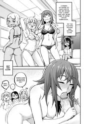 1boy 4girls ass big_breasts big_penis blush breasts cleavage comic english_text erection fellatio female gamo-chan ghettoyouth hairclip hayase_nagatoro highres long_hair male monochrome multiple_girls naoto_hachioji_(senpai) nipples nude open_mouth oral penis please_don't_bully_me,_nagatoro sakura_(nagatoro) sideboob smile tan tanned tanned_skin text thong uncensored undressing veiny_penis yoshi_(nagatoro)