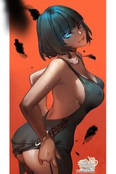 1girls arms_behind_back ass back backless_dress big_ass black_feathers bracelet breasts cleavage closed_mouth dark_green_hair dark_hair dress dress_lift erect_nipple erect_nipples erect_nipples_under_clothes eyebrows feathers female female_focus female_only fubuki_(one-punch_man) glowing green_drees green_eyes green_hair high_resolution highres hu_dako huge_ass jewelry lips looking_at_viewer mature mature_female medium_breasts necklace nipple_bulge one-punch_man orange_background presenting presenting_ass short_hair sideboob smile smiling solo solo_female solo_focus sweat sweatdrop sweating thick_thighs thighs tight_dress two-tone_background white_background wide_hips