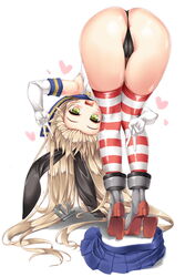 anus anus_peek ass back_view bent_over black_thong blonde_hair female female_only hair kamiya_tomoe kantai_collection long_hair partially_visible_anus shimakaze_(kantai_collection) skirt_removed solo thighhighs thong