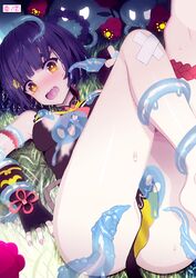 1girls blue_tentacles blush breasts clothing female female_only genshin_impact imminent_rape legs_together open_mouth restrained slime slime_(genshin_impact) slime_monster tentacle tentacles toranki_mj translucent_tentacles xiangling_(genshin_impact)