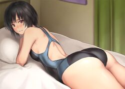 1girls amagami ass bare_shoulders bed black_eyes black_hair black_swimsuit blush breasts butt embarrassed looking_at_viewer looking_back medium_breasts nanasaki_ai one-piece_swimsuit serizawa_(serizawaroom) short_hair swimsuit