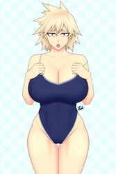 2021 bare_shoulders blonde_hair blue_swimsuit blue_swimwear breasts busty cameltoe cleavage collarbone covered_navel covered_nipples covered_pussy hands_on_breasts hands_on_own_chest highleg_swimsuit huge_breasts large_breasts looking_at_viewer mature mature_female mature_woman milf mitsuki_bakugou my_hero_academia one-piece_swimsuit open_mouth polka_dot_background red_eyes short_hair simple_background swimsuit swimwear thighs tsuki_riven