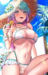 anonfutashopper_(editor) big_breasts bikini blue_eyes futa_only futanari multicolored_hair pink_hair small_penis straw_hat tagme