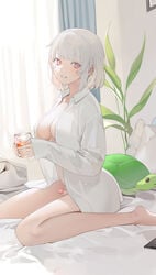 anonfutashopper_(editor) big_breasts cute futanari looking_at_viewer open_shirt red_eyes small_penis smile white_hair white_shirt