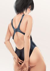 amagami ass back black_eyes black_hair black_swimsuit bob_cut commentary_request competition_swimsuit covering covering_ass cowboy_shot female from_behind grey_background highres looking_at_viewer looking_back nanasaki_ai one-piece_swimsuit serizawa_(serizawaroom) simple_background solo swimsuit thigh_gap