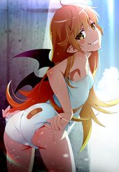 1girls arched_back ass ass_focus ass_up bakemonogatari bandaid bandaid_on_ass bangs bat_wings bent_over blonde_hair blush_stickers breasts bubble_ass bubble_butt butt fangs female female_focus female_only flat_chest gesugesu_ahoaho grin highres long_hair looking_at_viewer looking_back monogatari_(series) one-piece_swimsuit oshino_shinobu pointy_ears small_breasts smile smiling smiling_at_viewer sweat sweaty swimsuit thighs vampire wet wet_body wet_clothes wet_hair white_swimsuit wings young