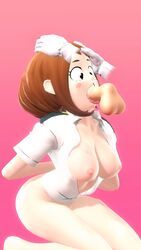 3d backsack breasts_out brown_hair dash23 female hands_behind hands_on_head my_hero_academia ochako_uraraka on_knees open_mouth pale-skinned_female penis pink_background pink_nipples sfm short_hair source_filmmaker sucking_penis